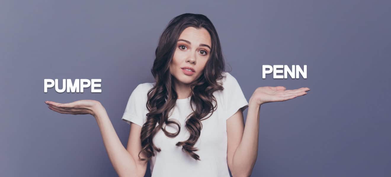 Kvinne lurer på hva hun skal velge - pumpe eller penn?